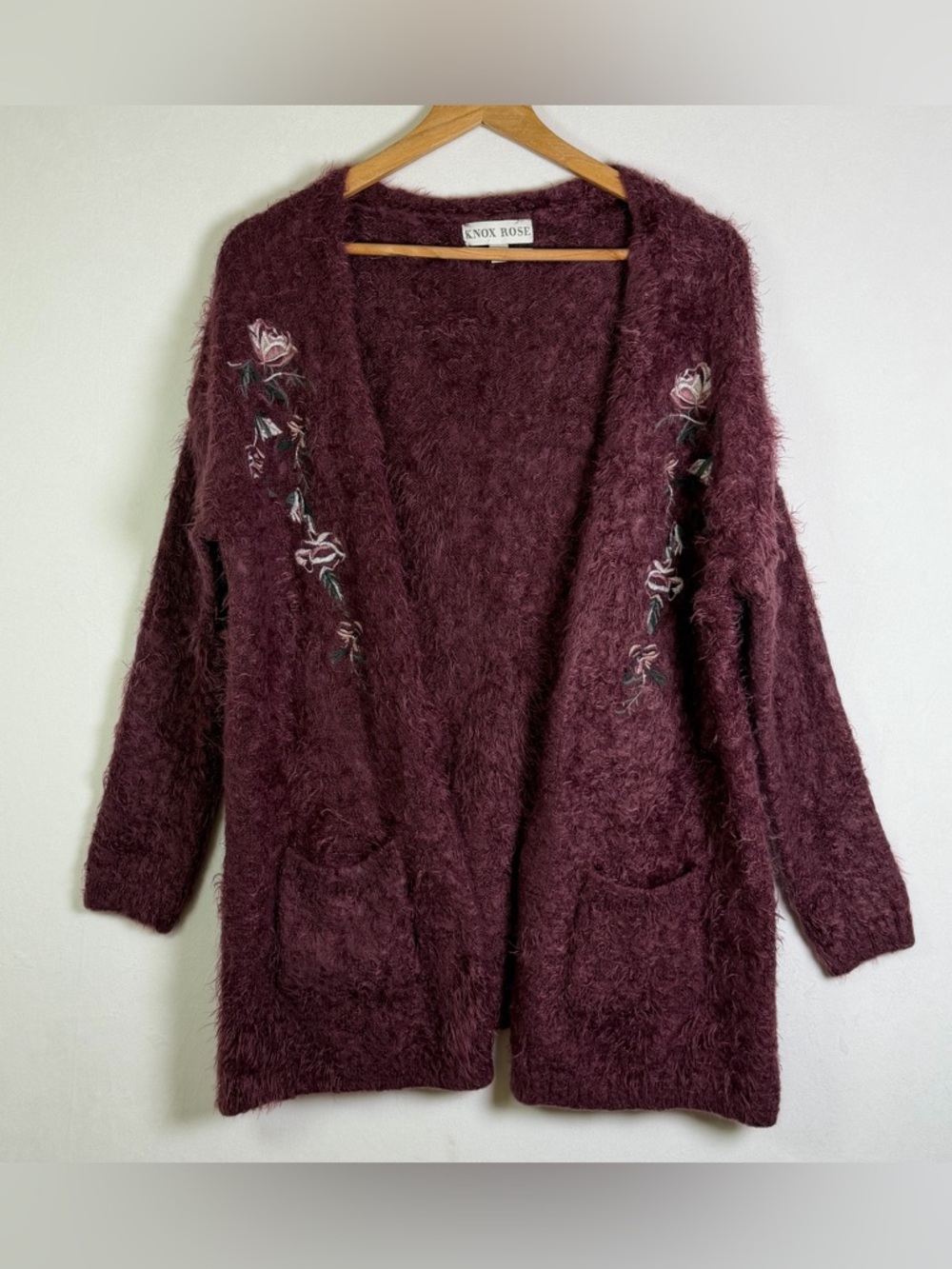 Knox Rose Womens Fuzzy Burgundy Cardigan Sweater Floral Embroidered Boho Duster - Picture 2 of 10